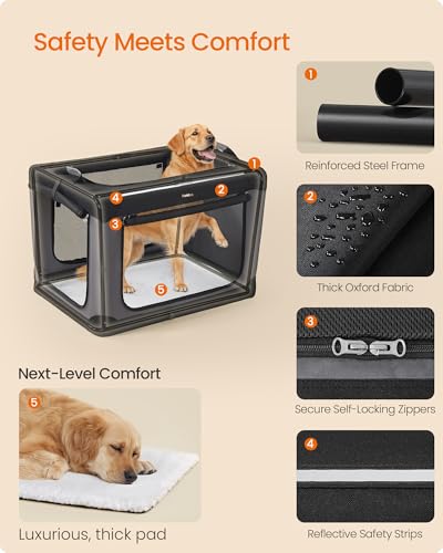 Feandrea Collapsible Dog Crate, Portable Travel Crate, 36-Inch | Oxford Fabric Pet Carrier with 4 Mesh Doors, Handles, Storage Pocket, Water Bottle Holder, UPDC019B01 - size: XL（36"L x 25"W x 25"H)