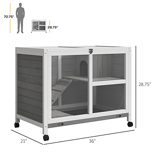 PawHut Rabbit Hutch with Wheels, Desk and Side Table Sized, Wooden Rabbit Cage, Waterproof Small Bunny Cage with Removable Tray, Openable Roof, for Indoor & Outdoor, Gray | Wooden Rabbit Cage, Waterproof Small Bunny Cage, Removable Tray, Openable Roof, fo