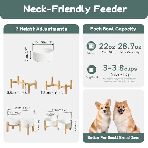 Havniva Dog Bowls Elevated, Ceramic Dog Food and Water Bowl Set | 6.1” Raised Dog Food Bowl, Elevated Dog Bowls with Bamboo Stand, Non-Slip Dog Water Bowl for Small Dog, Large Capacity - color: Matte White, size: 6.1" - 2 Bowls+Stand