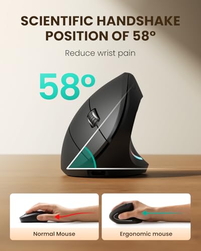 POJTK Wireless Rechargeable Ergonomic Mouse, Bluetooth+USB A+Type C(3 in 1) Connection, Up to 4800 DPI, 6 Silent Buttons, 2.4GHz Carpal Tunnel Vertical Mice, for Desktop,Laptop,MacBook-Black-Upgraded