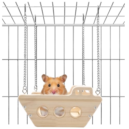 Natural Wood Chinchilla Toy Hammock for Cage Swing, Hamster Bed Hanging Wooden Toys,Indoor Chinchilla Habitat Swing House Hut Ledges and Platforms Enrichment