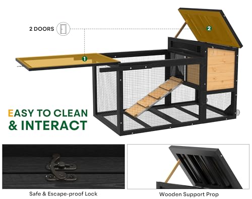 2-Story Rabbit Hutch, Wooden Bunny Cage with Chew-Proof Ramp, Indoor Outdoor Rabbit Cage with Wheels & Pull-Out Tray for Rabbits & Small Animals, Black & Yellow
