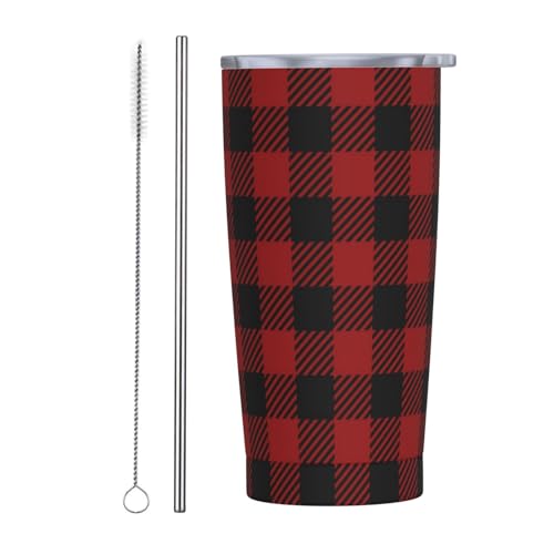 Buffalo Plaid Tumbler with Lid and Straw Red Black Checkered 20oz Insulated Stainless Steel Cup Vintage Travel Coffee Mug Water Bottle for Women Gift for Birthday Christmas - color: Red Black