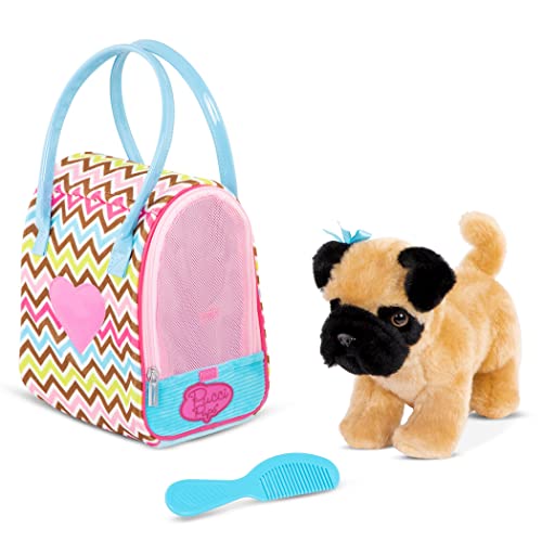 Pucci Pups Plush Puppy Set, Pug with Zigzag Carrier Bag, Pet, 3-Piece Set | 3-piece toy pet set with plush pug, pink zigzag carrier bag, and comb for pretend pet play; mesh zip front; 2+ Years - style: Pug - Zigzag Print Bag