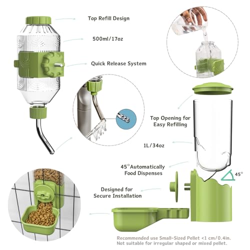 Automatic Pet Food Water Dispenser, Auto Gravity Pet Feeder Water Bottle Set for Cage, Feeding Station for Puppy Kitten Rabbit Guinea Pigs Chinchilla Ferret Hedgehog (Green) - color: Green