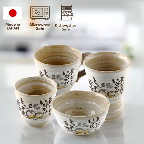 Japanese Rice Bowls, Miso Soup Bowls, Owl Design, Set of 2, 4.5 inch - color: Owl