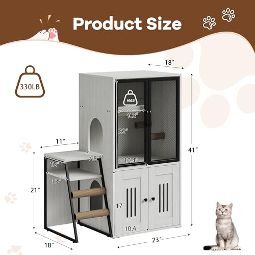 TrailBlaze Litter Box Enclosure with Platform, Double Layer Hidden Furniture, Modern Villa Cat Cabinet with Ladder, Hammock & Metal Mesh Door, Indoor Washroom Cat House-White - color: Retro White