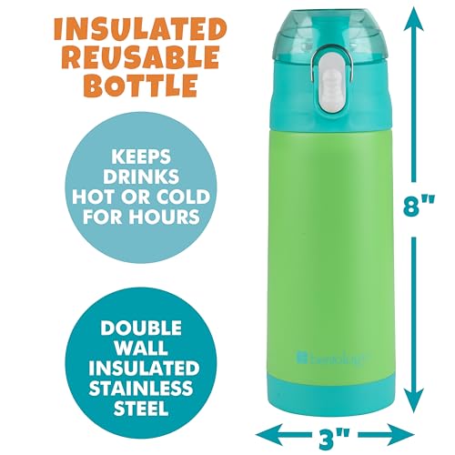 Bentology Stainless Steel 13 Oz Reusable Water Bottle for Kids, Green | Double Wall Insulated, Spill Proof Lid W/Built-in Straw- Keep Liquids Hot or Cold- Easily Fits in Lunch Boxes & Bags - color: Green