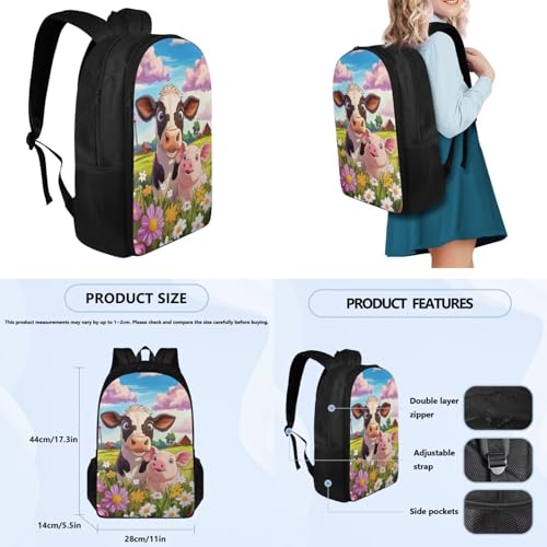Cow and Pig Backpack for Girls Bookbag with Lunch Box Cup Sleeve Cute Pencil Case 4 PCS Set Bookbag with Compartment 4Th Grade Kid 8-10 Years Old School Bag for Camping Picnic - color: Cow and Pig
