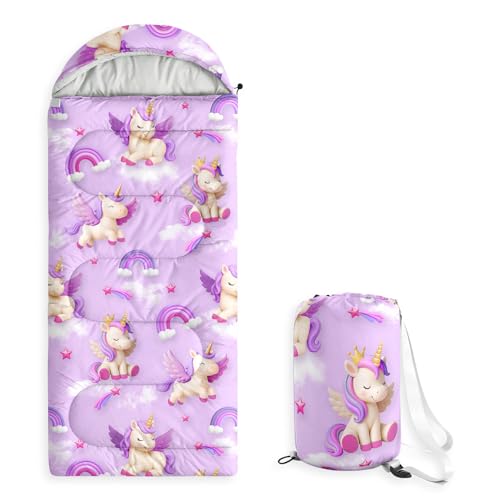 Wake In Cloud - Kids Sleeping Bag for Girls Toddlers, Camping in Warm Cold Weather, Backpacking Lightweight Compact Outdoor Liner for 3 Seasons, 3D Winged Unicorns