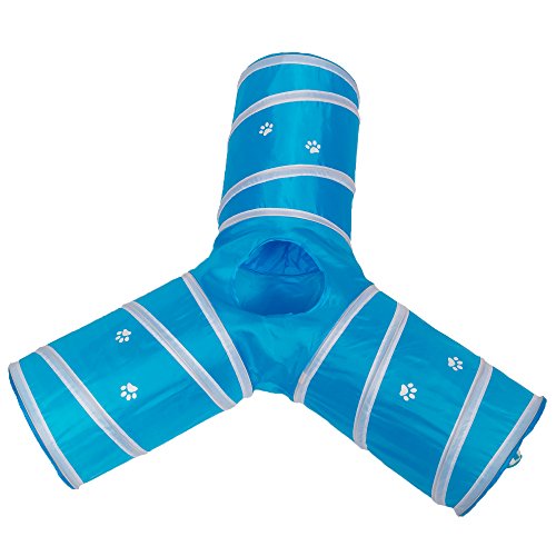 Cat Tunnel - Collapsible 3 Way Play Toy - Tube Fun for Rabbits, Kittens, and Dogs - Aqua - color: Aqua/White