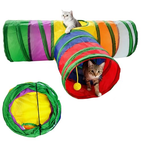 Cat Tunnel,Cat Tunnels for Indoor Cats Interactive, Pet Tunnel Toys for Cats Kitten Rabbits,3 Way Collapsible,Rainbow L 32" T Shape - color: Mini Cat Tunnel Toy Rainbow