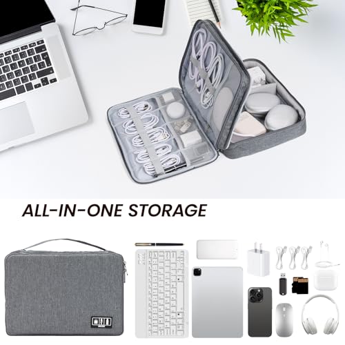 Electronic Organizer Travel Case, Double Layer Cable Organizer Bag | Double-layer design with adjustable dividers, mesh pockets and elastic loops for chargers, cables, power banks and gadgets - color: gray