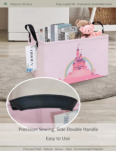 Rectangular Pink Castle Princess Closet Bedroom Storage Bin | Waterproof stain-proof cotton canvas, reinforced side grips, fairy castle print for girls, daily sundry arrangement - color: REC Pink Castle