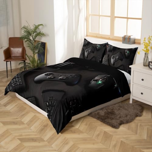 Modern Gamepad Bedding Set, Boys Youth Video Game Controller Mouse Keyboard Headphone Gaming Equipment Comforter Cover, Decorative 3 Piece Duvet Cover With 2 Pillow Shams, King Size, Red Black White