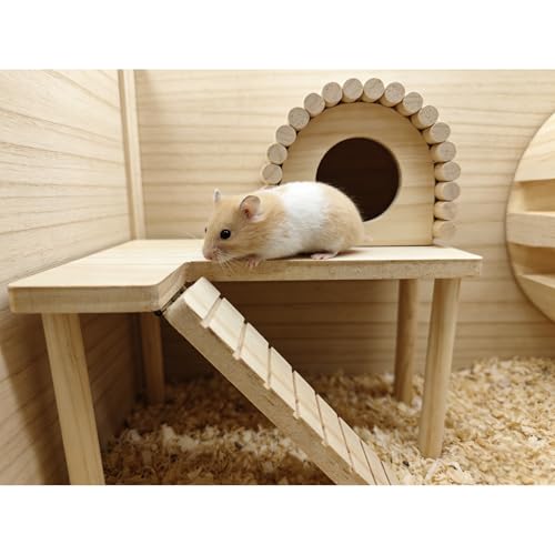 Natural Wood Hamster Platform, Hinge-Connected Ramp & Screw-Fixed Poles for Extra Stability, Chew-Safe Small Animal Loft for Cage Accessories, Gerbil, Mouse (Large-Sized) - size: large-sized