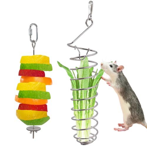 2 Pack Rat Feeding Accessories for Cage, Stainless Steel Fruit Fork and Spiral Vegetable Holder, Cage Accessories for Mouse, Hamster, Chinchilla, Rabbit and Other Small Animals
