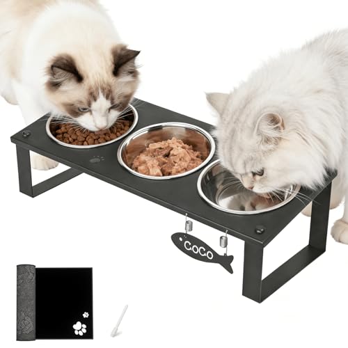 3 in 1 Elevated Cat Bowls with Splash proof Mat for Kittens, Puppies, Multi-pet Households, 10° Tilted Raised Cat Bowls Anti-Vomiting, 3 Wide Shallow Stainless Steel Bowls, Whisker Friendly, 3.5" Tall - color: Black-3bowls