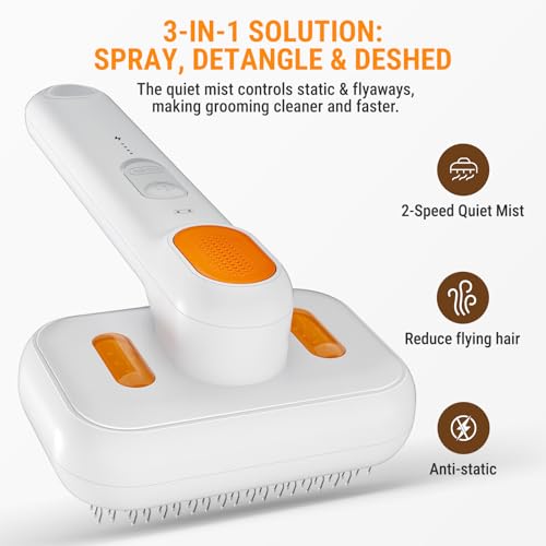 3-in-1 Pet Grooming Brush with Cool Mist & Self-Cleaning Deshedding Tool for Dogs Cats, Extra Wide Comb, Visible Water Window, Gentle for All Coats & Sensitive Skin - Ideal for Spring Shedding