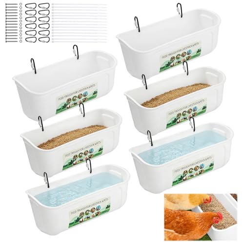 6 PCS 5 Quart Goat Feeder Hanging Pig Feeder with Clip White Chicken Feeder Trough Poultry Feeder Hanging Goat Mineral Feeder Chicken Coop Feeder and Water for Livestock, Hang or Screw-in - color: White
