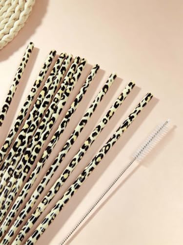 10 Pcs Reusable Brown Leopard Straws Long Straws with Cleaning Brushes | Plastic Cheetah Animal Straws Brown Leopard Print Drinking Straws for Tumblers Cups Safari Wild Favors Birthday Party Supply - color: Yellow