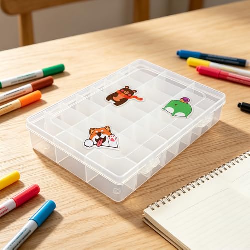 OALCQ Plastic Storage Box with 24 Grid, 100 PCS Animal Stickers, Small Organizer Container for Beads & Screws, Dividers Case for Craft Jewelry Screws Tackle Accessories - style: animal