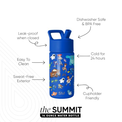 Simple Modern Disney Pixar Kids Water Bottle & Toddler Cup | 14oz | Insulated Stainless Steel Pixar Toddler Water Bottle, Kids Tumbler with Straw | Spill Proof for School, Girls, Boys - color: Disney-Pixar Mashup on Blue, size: 14 Ounces