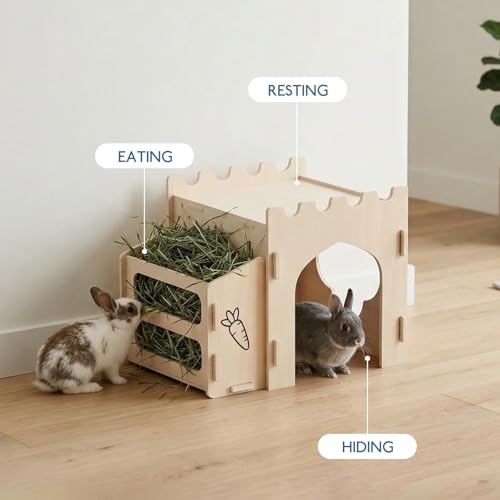 Wooden Rabbit House with Hay Feeder and Rooftop Platform | Compact indoor bunny hideout, enclosed lower room, open bottom, side hay rack and flat roof for rabbit enclosures - size: Small