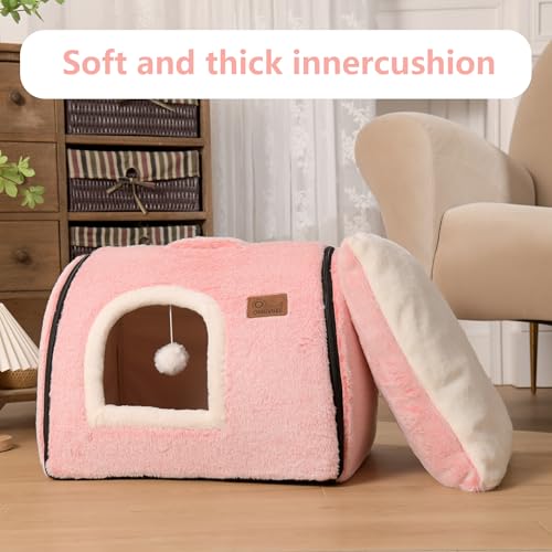 cat Bed cave-cat beds for Indoor Cats,Soft and Comfortable Cute cat Bed，cat House,with Removable Washable Cushioned Pillow,Enclosed pet Bed,Kitty pet hut、Hideaway,Small Large Dog Tent (Pink) - color: Pink, size: L:(20.4"×15.5"×15")
