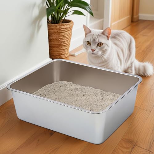 Stainless Steel Litter Box,Metal Cat Litter Box,Medium Cat Litterbox | Litter Box for Kitty or Rabbits, No Smell, Non Stick, Easy to Clean(17.7" L x 13.77" W x 6" H) - color: Medium