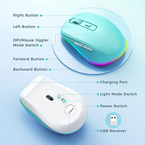PEIOUS Wireless Mouse Jiggler, LED Mouse with Built-in Mouse Mover, Green | Rechargeable, Silent Clicks, Adjustable DPI and Random Movement Keep Computers Awake for Work-Life Balance on Laptop/PC/Mac - color: Mint Green