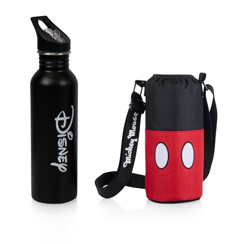 Picnic TIME Disney Mickey Mouse Bottle Cooler Tote with Included 24 oz Bottle, Insulated Water Bottle Carrier with Adjustable Shoulder Strap for Travel Picnic Theme Parks, (Black with Red Pattern)