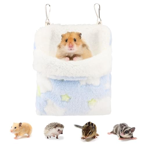 Sugar Glider Sleeping Pouch Hanging Bed for Small Pets, Blue | Soft flannel warm & cozy, pouch snuggle design, metal hooks for easy hang, portable, fits hamsters/rats/hedgehogs/squirrels - color: Blue