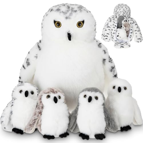 Hollowfly 5 Pcs Snowy Owls Plush Toy Gift Set 12.6" Mom Owls with 4 Cute Babies Stuffed Animal in Zippered Back Nurturing Plushes Toy Set for Kid Adults Birthday Party Favors Gifts - style: Snowy Owls