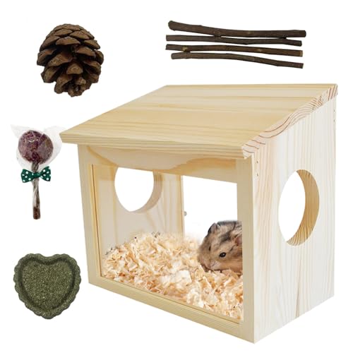 Sand Bath Box for Hamster,Visible Small Animal Digging Box Wooden Chinchilla House Hideout Dust Bath Hamster Bathroom Accessories with Acrylic Plate Chew Toys for Dwarf Syrian Gerbils Mice