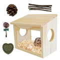 Sand Bath Box for Hamster,Visible Small Animal Digging Box Wooden Chinchilla House Hideout Dust Bath Hamster Bathroom Accessories with Acrylic Plate Chew Toys for Dwarf Syrian Gerbils Mice