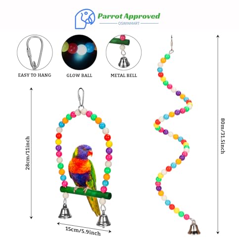2PCs Swing Parrot Toy Spiral Perch Bird Cage Toy Colorful Wood and Glow Beads with Metal Bell for Small to Regular Parrot Parakeets,Macaw,Conure, Cockatiel, Finchess