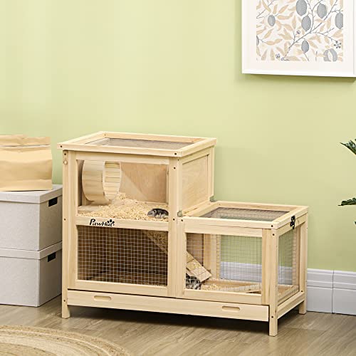 PawHut Extra Large Wooden Hamster Cage with Sliding Tray, Large Rat Mouse House, Small Animal Habitats with Openable Roofs, Wide Ramp for Racing, Running Wheel, Natural | Small Animal Habitats, Openable Roofs, Wide Ramp for Racing, Running Wheel