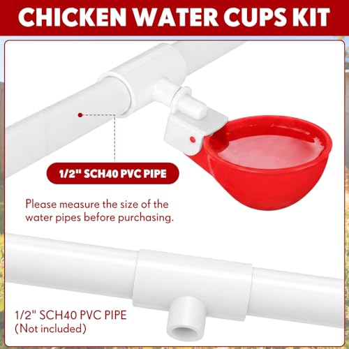 LemonRoad 30 Set Automatic Chicken Waterer Cups with 1/2" PVC Tee Fitting Chicken Drinking Bowl, Poultry Drinker Mounting Hole Opener,Water Dispenser Feeder for Duck, Goose, Pigeon(Light Red) - color: Light Red