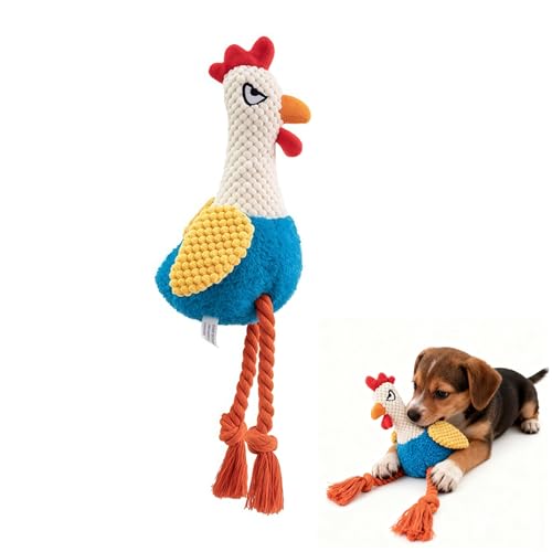 Plush Chicken Dog Toy with Squeaker and Crinkle Paper for Small Dogs | Soft plush texture with rope details, great for tugging, tossing, indoor play and creating fun bonding moments with pets. - color: Blue Rooster