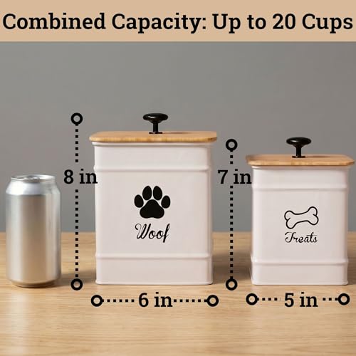 Dog Treat Container Set of 2 with Airtight Bamboo Lids - 8x6 & 7x5 inch | Fits All Popular Treats, Up to 20 Cups Combined Capacity, Airtight Bamboo Lid, Easy Open Lid, Dent-Resistant Durable Metal - color: White - Large