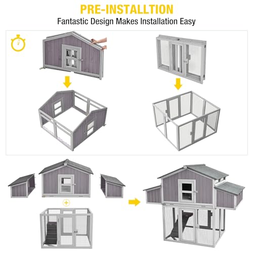 Aivituvin Chicken Coop Double Folding Fir Wood Chicken House with Large Nesting Box Poultry Cage Upgrade with Strong Iron Frame, Durable & Waterproof for 4-6 Hens Duck Coop - color: Grey, size: AIR66