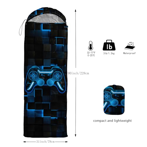 Axolotl Gamepad Sleeping Bag,3 Season Warm and Cool Weather Game Console Sleeping Bag for Boys Teens,Waterproof Lightweight Geometry Hexagonal Sleeping Bag for Traveling,Outdoors Camping,Blue,Black - color: Gamepad01
