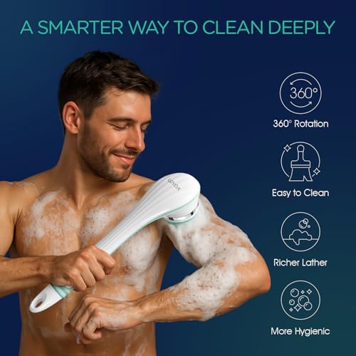 VOYOR Electric Silicone Body Scrubber, Back Brush for Shower Rechargeable | Waterproof Long Handle Body Brush, Power Bath Brush for Cleansing, Exfoliating, Massaging Skin Back Scrubber BC100, Blue - color: Blue