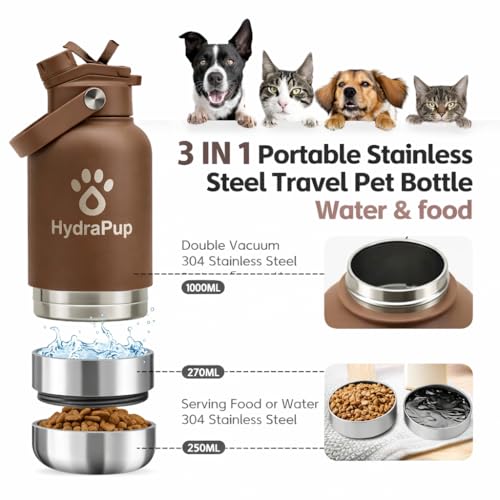 32oz Insulated Water Bottle with Dog Bowls – Human & Pet Shared Use, Stainless Steel Leakproof Travel Bottle (Cocoa Brown) - color: Cocoa Brown