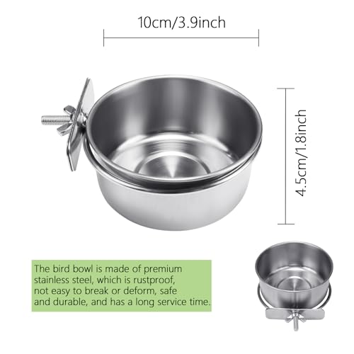 2 Pack Stainless Steel Bird Food Bowls with Clamp - Rust Proof Metal Feeding Cups for Parrot Cage, Easy Clean Water Dish for Cockatiel Conure Budgie Parakeet Small Animal (3.9 Inch, Silver)