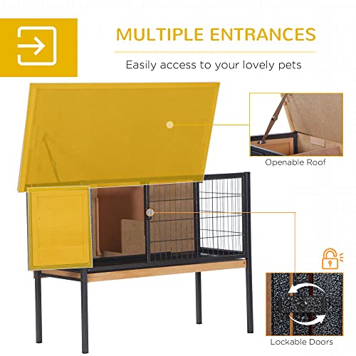 PawHut Rabbit Hutch Elevated Bunny Cage Metal Frame No Leak Tray Natural | Small Animal Habitat, Metal Wire Pan, Openable Water-Resistant Asphalt Roof, for Rabbits Chickens Ducks, Indoor/Outdoor