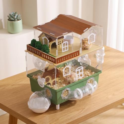 Acrylic Hamster Cage Clear Hamster Habitat with Running Wheel & Hideout | 2-Tier Hamster House with Tubes and All Accessories, Easy to Clean, Suitable for Small Hamsters, 13.3''* 9.8''* 17.4'', Green - color: Green