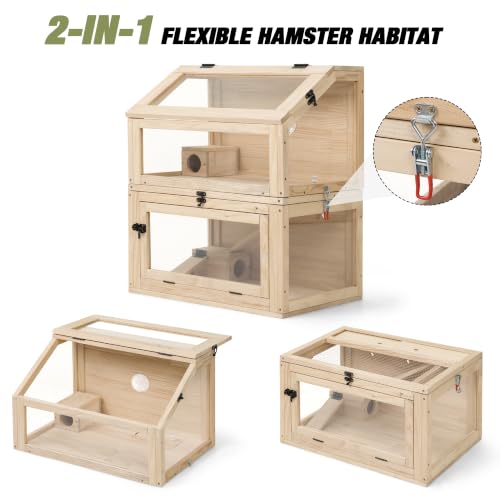 2-Tier Wooden Hamster Cage, 28"T Detachable Acrylic Habitat with Top Access | Ventilated Roof, Fold-Down Door, Closeable Passage, Dual Hideouts, Sliding Panels - color: Natural Wood, size: 23.6"L x 15.8"W x 27.6"H