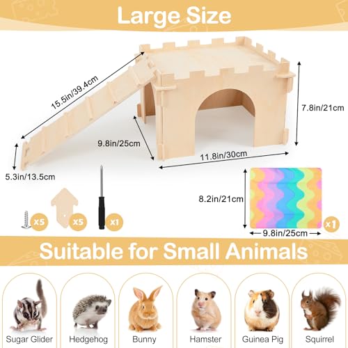Unicorn Catcher 1 Pack Wooden Guinea Pig Hideout House with Stairs & Mats | Wooden Bunny Castle Hideout With Stairs And Soft Mats Perfect For Ferrets Chinchillas And Small Animals In Cages - size: 1 House
